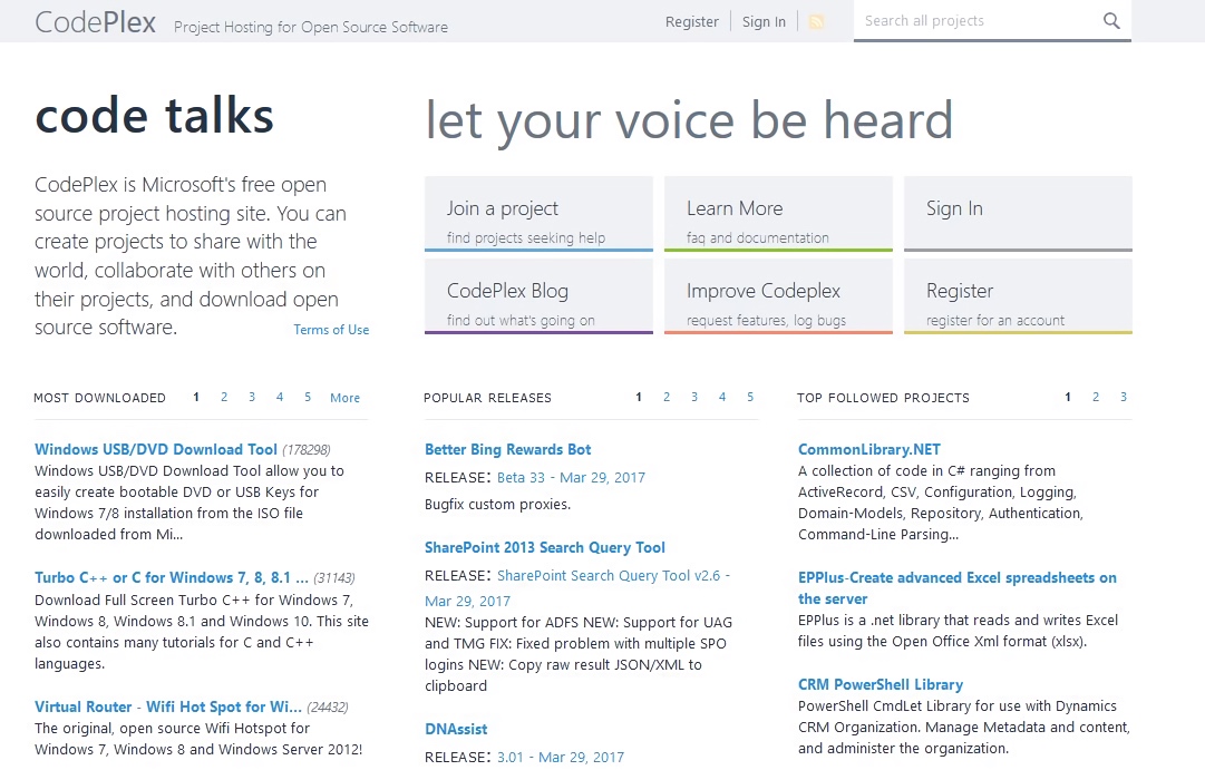 Microsoft CodePlex Homepage (2017)